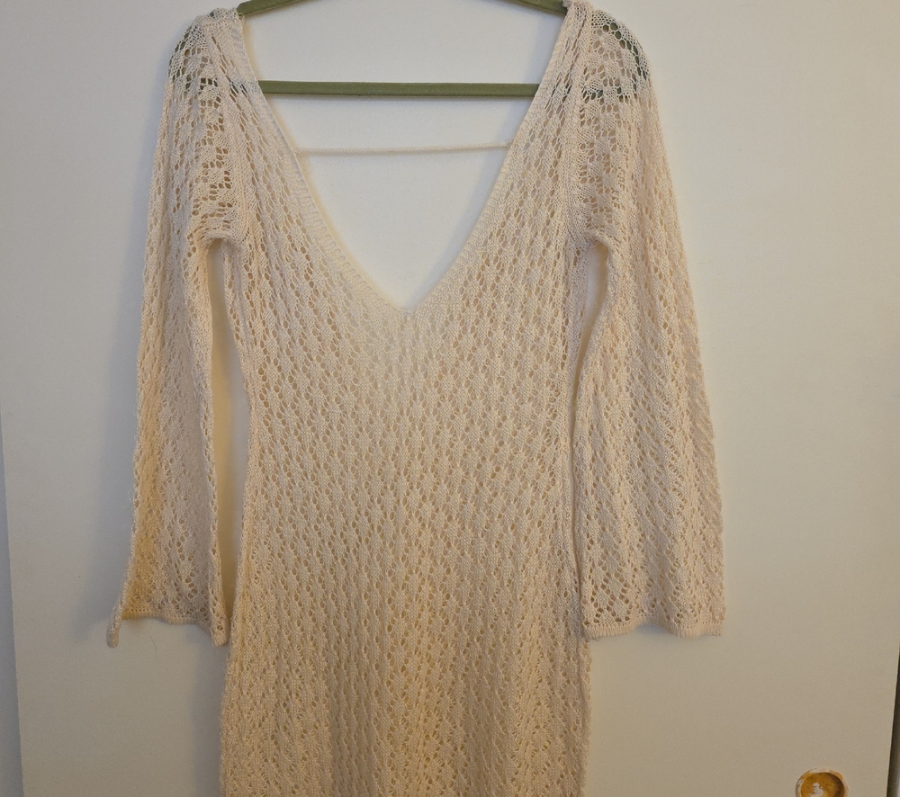 SHEIN Cream Open-Knit V-Neck Sweater Dress